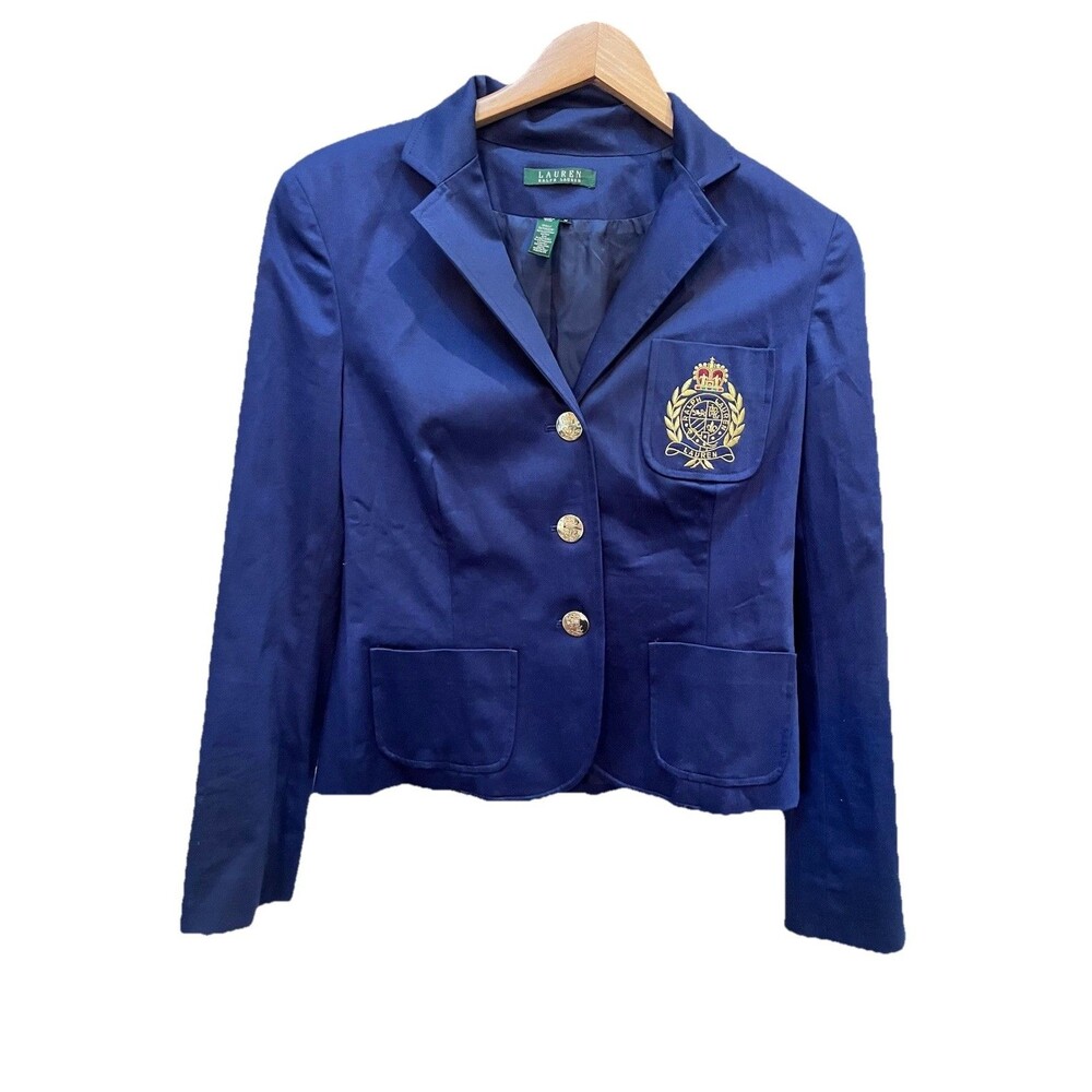 RALPH LAUREN Crest Crown Emblem Blazer Jacket Blue Womens M Gold Buttons Preppy